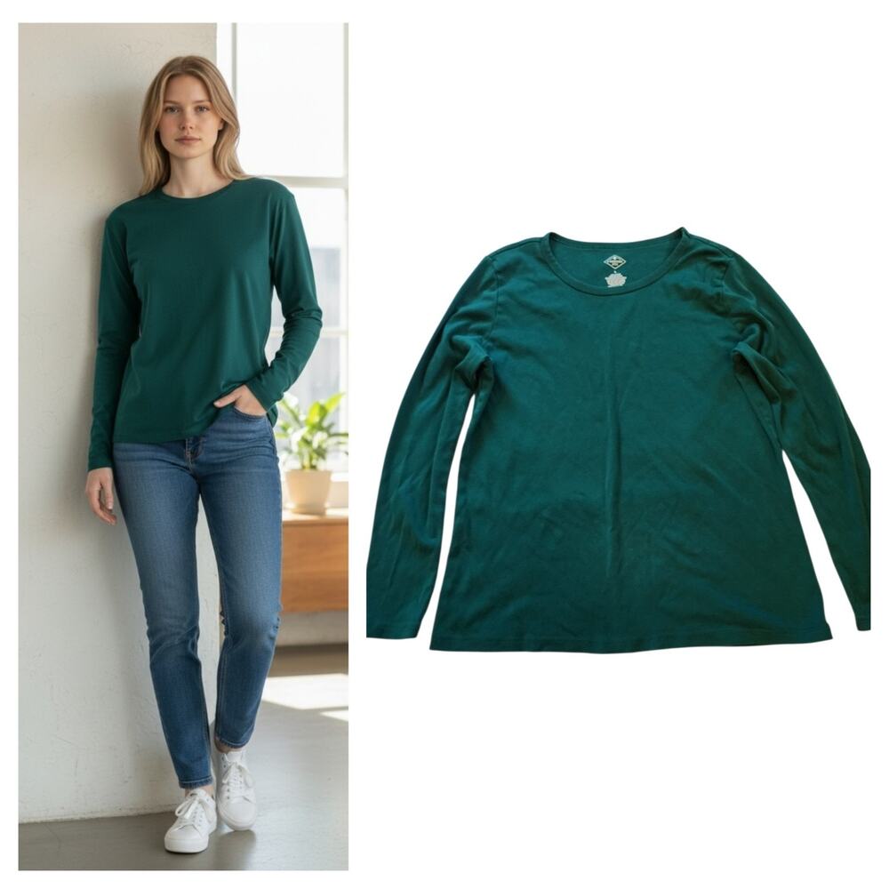 St Johns Bay Womens Long Sleeve Tee Size L Green Crew Neck Pullover Top